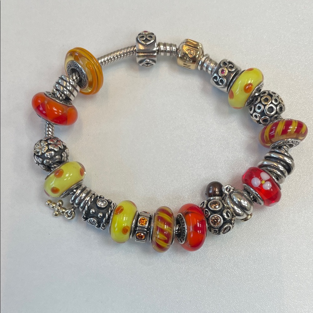 Pandora Red and Yellow Beaded Bracelet with Silver Charms